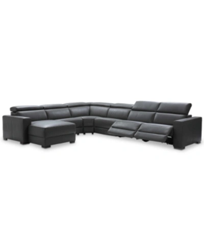 Shop Furniture Nevio 6-pc Leather Sectional Sofa With Chaise, 2 Power Recliners And Articulating Headrests, Created In Smoke Grey