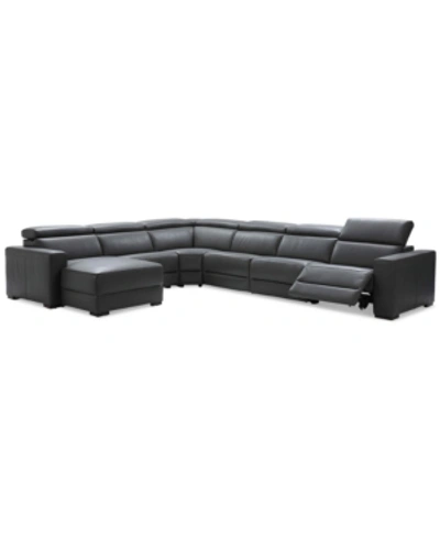Shop Furniture Nevio 6-pc Leather Sectional Sofa With Chaise, 1 Power Recliner And Articulating Headrests, Created  In Smoke Grey
