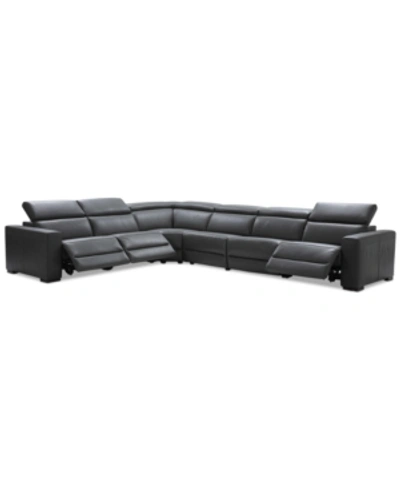Shop Furniture Nevio 6-pc Leather "l" Shaped Sectional Sofa With 3 Power Recliners And Articulating Headrests, Crea In Smoke Grey