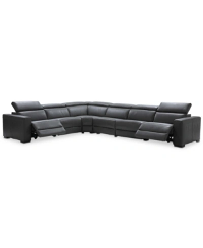 Shop Furniture Nevio 6-pc Leather "l" Shaped Sectional Sofa With 2 Power Recliners And Articulating Headrests, Crea In Smoke Grey