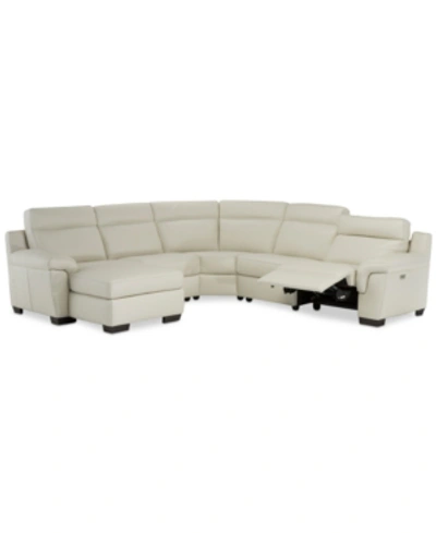 Shop Furniture Julius Ii 5-pc. Leather Chaise Sectional Sofa With 1 Power Recliner, Power Headrest & Usb Power Outl In Off White