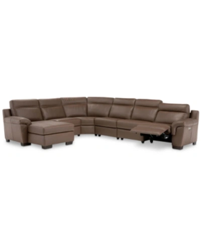 Shop Furniture Julius Ii 6-pc. Leather Chaise Sectional Sofa With 1 Power Recliner, Power Headrest & Usb Power Outl In Dark Taupe