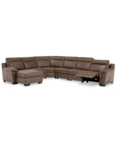 Furniture Closeout! Julius Ii 6-pc. Leather Chaise Sectional Sofa With 1 Power Recliner, Power Headrest & Usb In Dark Taupe