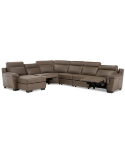 Shop Furniture Julius Ii 150" 6-pc. Leather Chaise Sectional Sofa With 2 Power Recliners, Power Headrests & Usb Pow In Dark Taupe