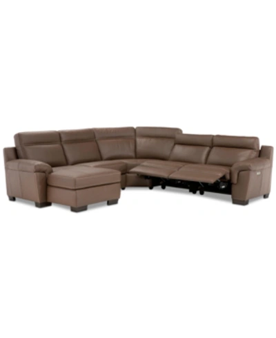 Shop Furniture Julius Ii 5-pc. Leather Chaise Sectional Sofa With 2 Power Recliners, Power Headrests & Usb Power Ou In Dark Taupe