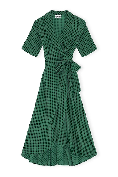 Shop Ganni Printed Crepe Wrap Dress In Green
