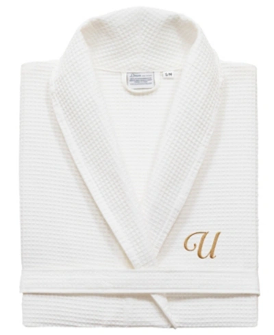 Linum Home Personalized Unisex Embroidered Turkish Cotton Waffle Weave Bathrobe In Gold U