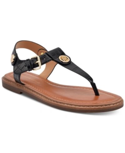 Shop Tommy Hilfiger Bennia T-strap Flat Sandals Women's Shoes In Black Croc