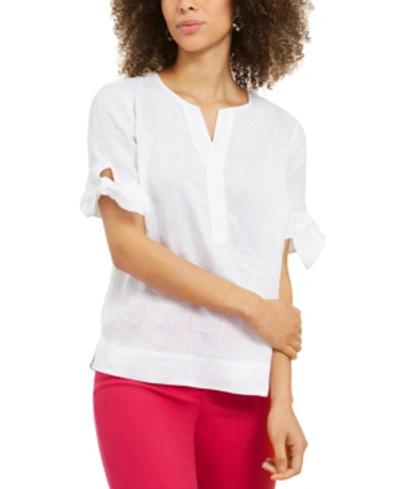 Shop Charter Club Women's 100% Linen Split-neck Tie-cuff Top, Created For Macy's In Bright White