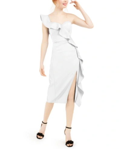 Shop Aidan Mattox Aidan By  Ruffled One-shoulder Midi Dress In Ivory