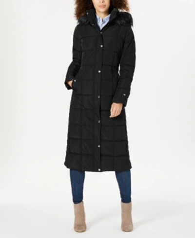 Shop Tommy Hilfiger Faux-fur-trim Hooded Maxi Puffer Coat In Black