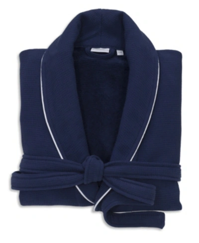 Shop Linum Home Waffle Terry Bath Robe With Satin Piped Trim In Navy