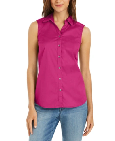 Shop Charter Club Petite Sleeveless Button-up Shirt, Created For Macy's In Preppy Pink