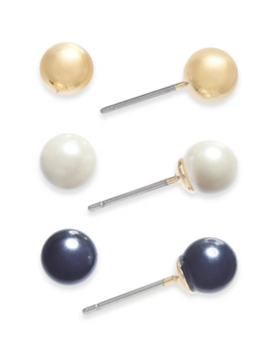 Charter Club Gold-tone 3-pc. Set Multi-imitation Pearl Stud Earrings, Created For Macy's In Multi