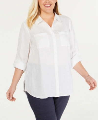 Shop Charter Club Plus Size Linen Roll-tab Shirt, Created For Macy's In Bright White