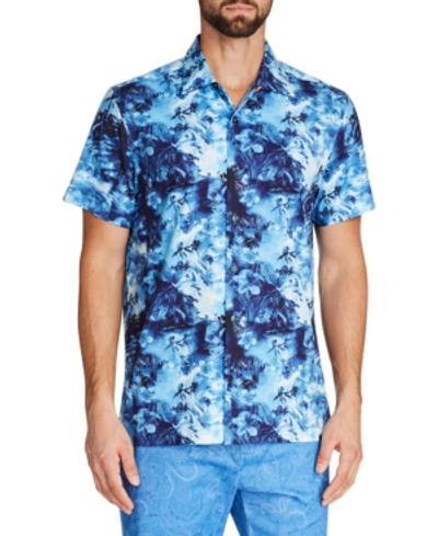 Shop Tallia Men's Slim-fit Performance Stretch Tropical Camp Shirt And A Free Face Mask With Purchase In Blue