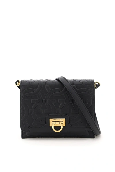 Shop Ferragamo Small Gancini Trifolio Shoulder Bag In Black