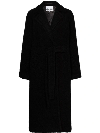 Shop Ganni Belted Bouclé Coat In Black