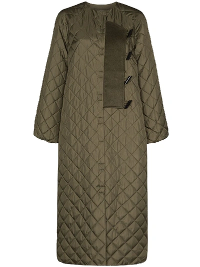 Shop Ganni Quilted Ripstop Coat In Green