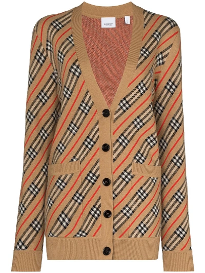 Shop Burberry Coralie Checked Intarsia-knit Cardigan In Brown