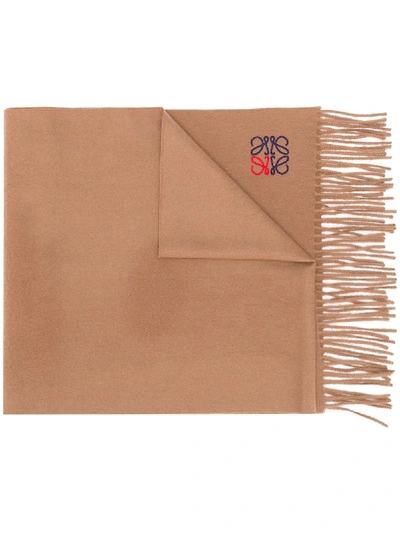 Shop Loewe Embroidered Anagram Scarf In Neutrals