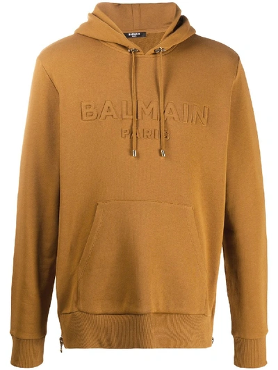 Shop Balmain Logo-embroidered Hoodie In Brown