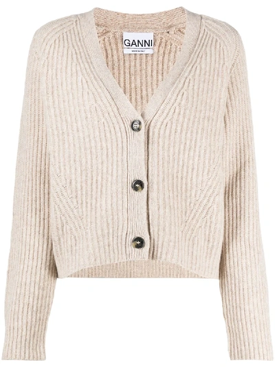 Shop Ganni V-neck Ribbed Knit Cardigan In Neutrals