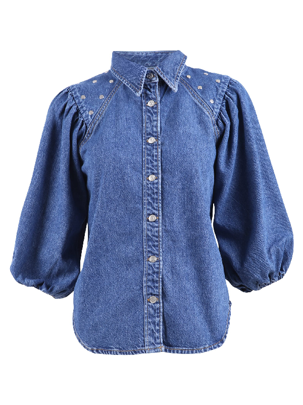 Ganni Studded Organic Cotton Denim Shirt In Blue | ModeSens