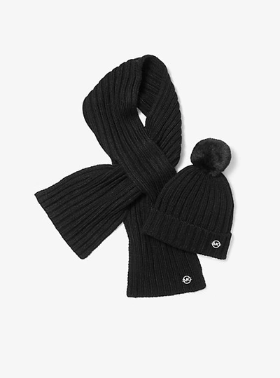 Shop Michael Kors Ribbed Knit Beanie And Scarf Set In Black