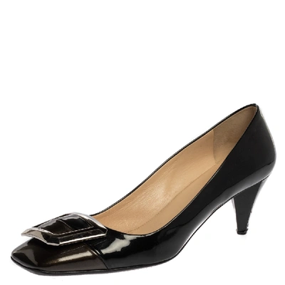 Pre-owned Prada Black Patent Leather Square Buckle Pumps Size 41