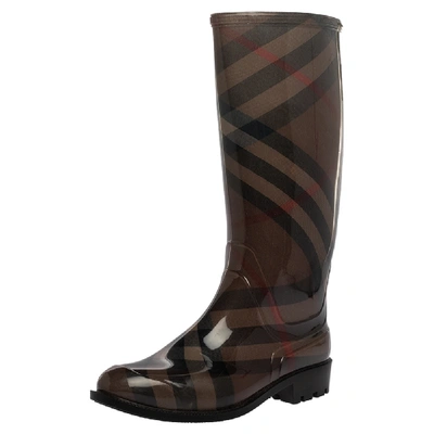 Pre-owned Burberry Brown Nova Check Rubber Rain Boots Size 41