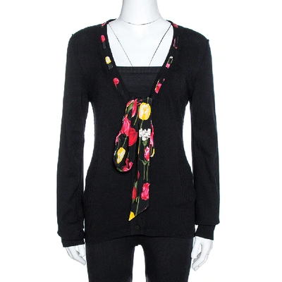 Pre-owned Dolce & Gabbana Black Knit Tulip Print Tie Neck Cardigan L