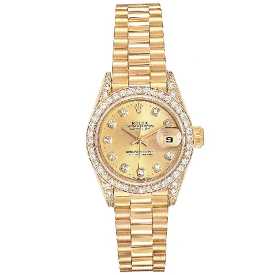 Pre-owned Rolex Champagne Diamonds 18k Yellow Gold President Datejust 69158 Women's Wristwatch 26 Mm