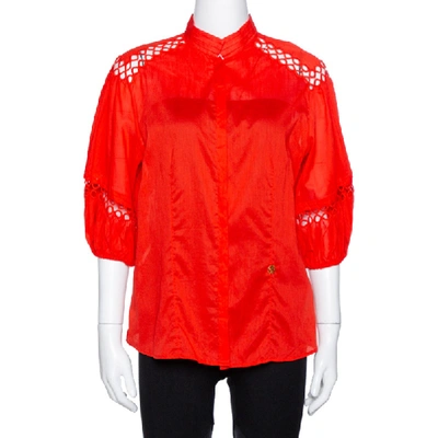 Pre-owned Roberto Cavalli Red Cotton Eyelet Lace Detail Blouse M