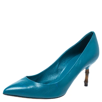 Pre-owned Gucci Blue Leather Kristen Bamboo Heel Pointed Toe Pumps Size 38