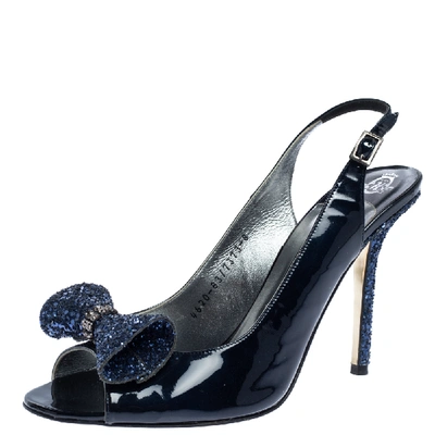 Pre-owned Gina Gine Blue Patent Leather And Glitter Bow Embellished Slingback Open Toe Sandals Size 41