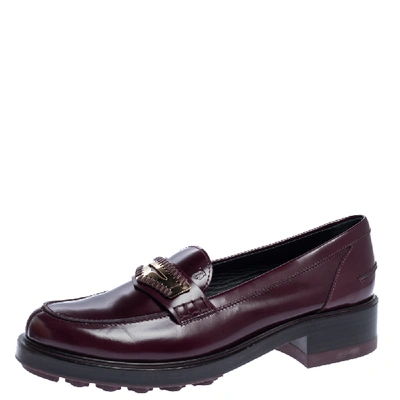 Pre-owned Tod's Burgundy Glossy Leather Whip Stitch Detail Platform Penny Loafers Size 39