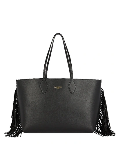 Shop Balmain Classic 37 Fringed Leather Tote In Black