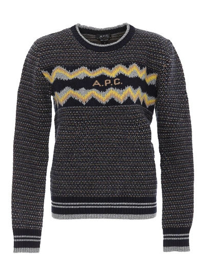 Shop Apc Logo Intarsia Sweater In Dark Blue