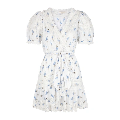Shop Loveshackfancy Belen Floral-print Broderie Anglaise Mini Dress In White And Blue
