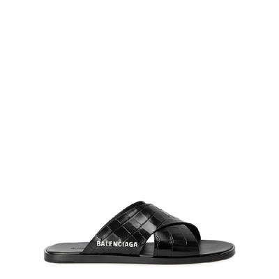 Shop Balenciaga Black Crocodile-effect Leather Sliders