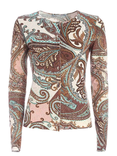 Shop Blumarine Printed Cardigan In Brown Beige And Light Blue