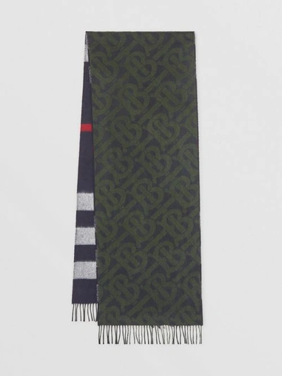 Shop Burberry Reversible Check And Monogram Cashmere Scarf In Navy/caper Green