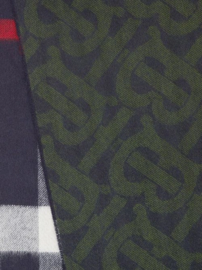 Shop Burberry Reversible Check And Monogram Cashmere Scarf In Navy/caper Green