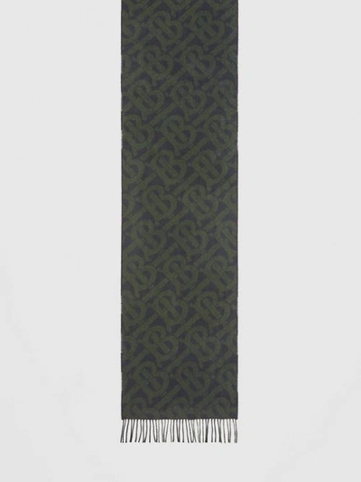 Shop Burberry Reversible Check And Monogram Cashmere Scarf In Navy/caper Green