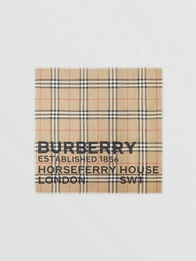 Shop Burberry Logo Check Wool Silk Scarf In Archive Beige