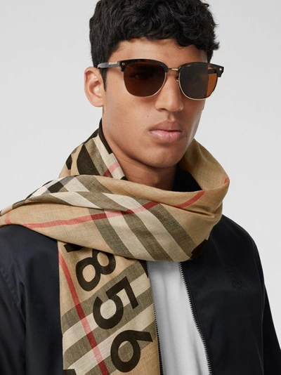 Shop Burberry Logo Check Wool Silk Scarf In Archive Beige