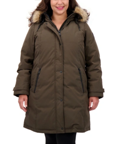 Shop Vince Camuto Plus Size Faux-fur-trim Hooded Puffer Coat In Loden