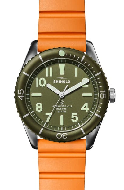 Shop Shinola Duck Rubber Strap Watch, 42mm In Orange/ Green/ Stainless Steel