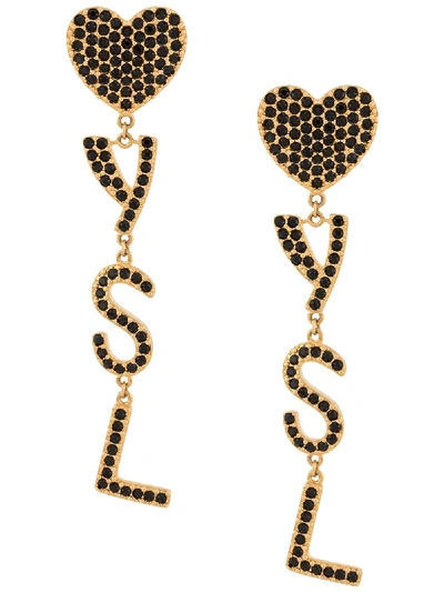 Shop Saint Laurent Gold-tone Heart Logo Drop Earrings